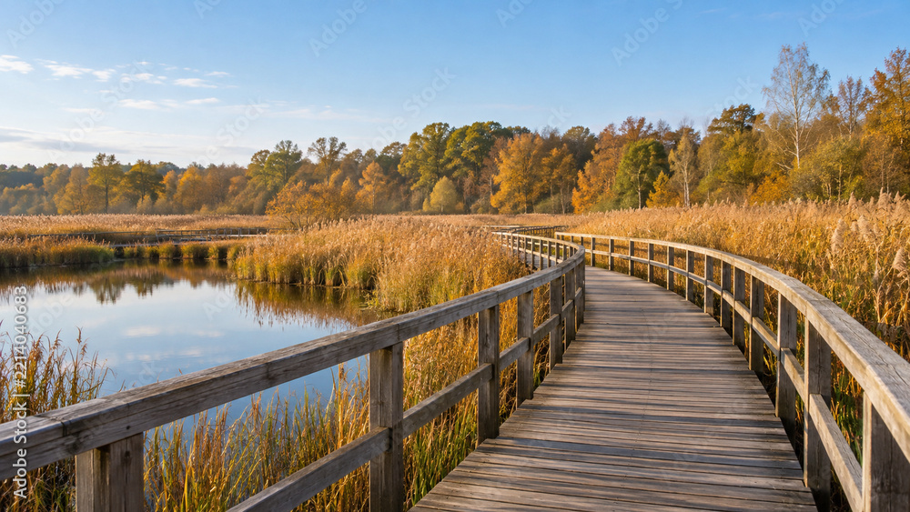 Fototapeta premium Wooden Boardwalk through Reeds in an Autumn Wetland