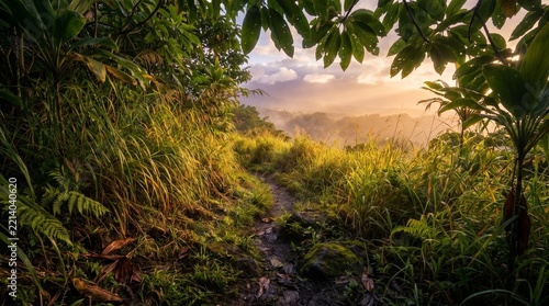 Winding trail through lush vegetation at sunset creates a scenic landscape