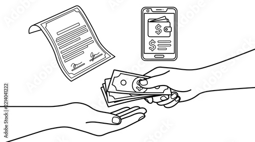 Hand receiving money coloring page, black and white line art with clean bold outlines to color for adults and kids