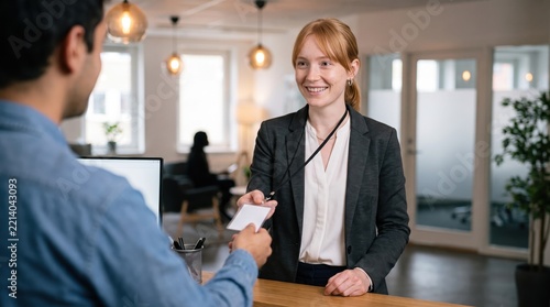 Generative AI, Friendly receptionist assisting a visitor at the front desk of an office