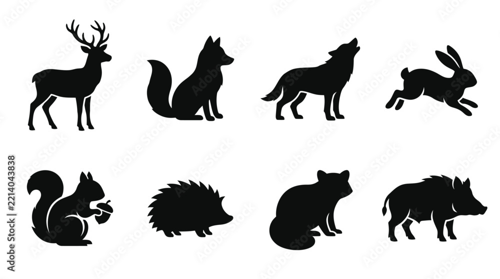 Obraz premium Silhouettes of various forest animals against a white background