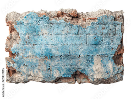 Blue Painted Crumbling Brick Wall Fragment Isolated on White