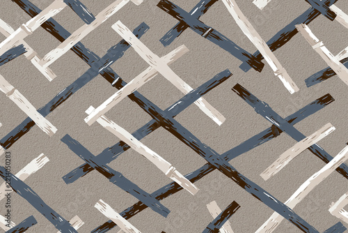 Hand painted brush stroke lattice pattern in neutral blue beige and brown tones creating textured modern textile surface with overlapping crossed lines and organic paint effect