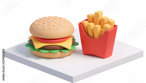 3D render of a delicious cheeseburger and crispy french fries meal set.