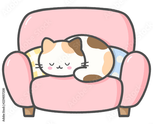 Cute Sleeping Calico Cat on Armchair with Cushions