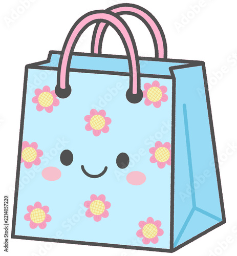 Cute Smiling Shopping Bag Character with Floral Pattern