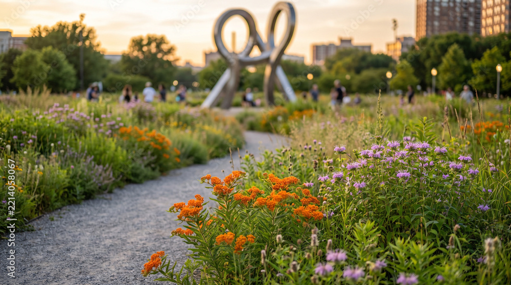 Fototapeta premium Native prairie in city park with flowers and sculpture at sunset 