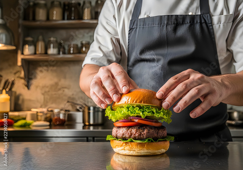 Chef assembling gourmet burger with fresh ingredients in a professional kitchen setting
