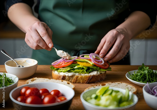 Preparing a gourmet sandwich with fresh ingredients on wooden cutting board