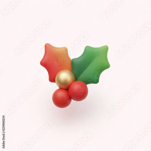 Minimalist 3D Holly Sprig Icon with Red Green and Gold Elements