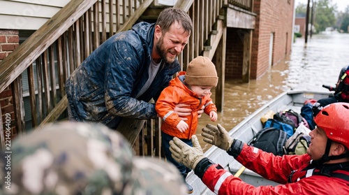 A father carefully passes his young child from a flooded building to a rescue worker waiting in a boat during an intense emergency situation