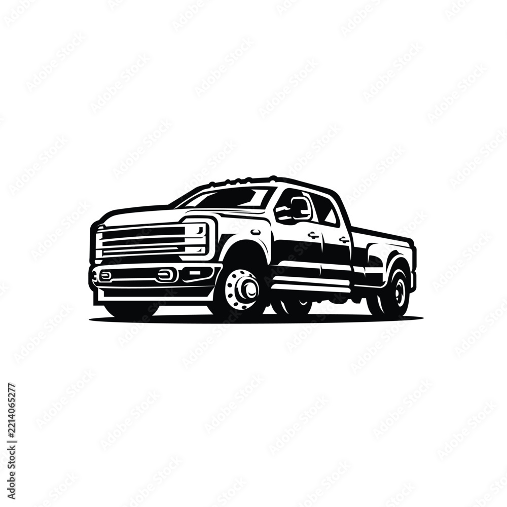 Obraz premium Dually truck vector monochrome illustration isolated. Pickup double cabin truck vector
