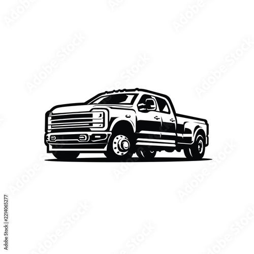 Dually truck vector monochrome illustration isolated. Pickup double cabin truck vector