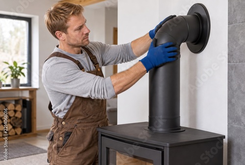 Professional Male Technician Installing Black Metal Chimney Pipe for Wood Burning Stove in Living Room, Home Heating System Maintenance Service