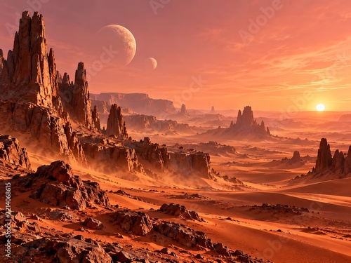 Alien planet landscape with rocky spires, red sand dunes, and two moons in a hazy orange sky at sunset, dramatic geological formations, extraterrestrial terrain, science fiction