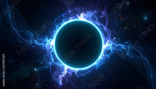 Cinematic blue black hole event horizon with glowing dust particles and cosmic energy swirls in deep space galaxy