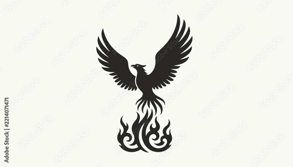 Obraz premium Majestic black silhouette of a rising phoenix bird emerging from fire flames, isolated on a light background.