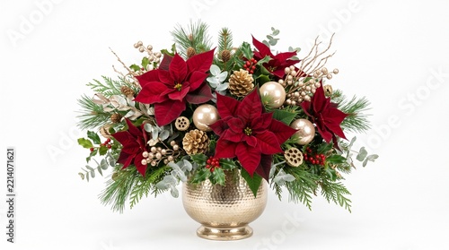 Christmas floral centerpiece with poinsettia and ornaments in gold pot