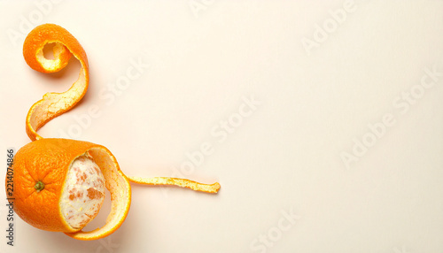 Crisp detail of whole orange with a long spiral of citrus peel on a clean background