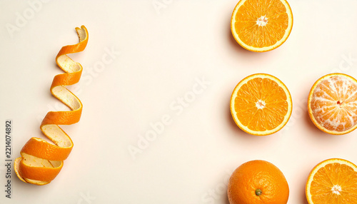 Natural light highlighting whole orange with a long spiral of citrus peel and fresh texture