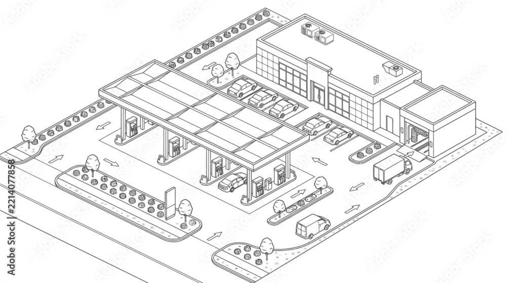 Fototapeta premium Isometric Diagram of Multi Level Parking Garage with Fuel Stations and Traffic Flow