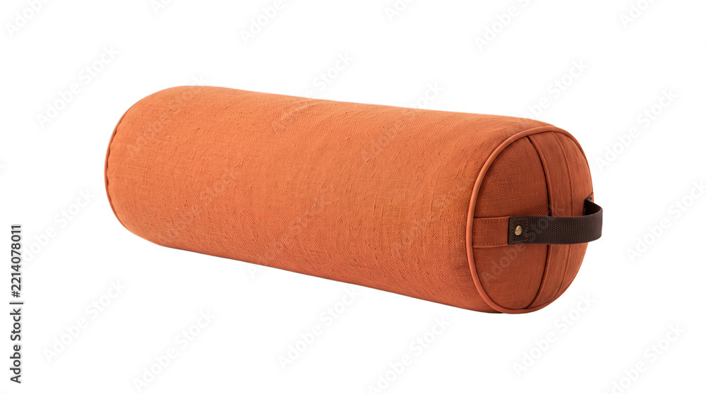 Obraz premium Orange cylindrical yoga bolster pillow with brown handle isolated on transparent background