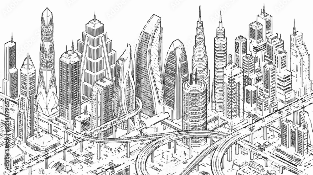 Obraz premium Skyline Line Art of Futuristic Megacity with Iconic Skyscrapers and Elevated Roads