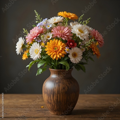 A colorful bouquet of flowers including pink and orange dahlias arranged in a dark brown ceramic vase