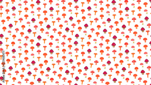 Seamless pattern of cartoon mushrooms and leaves