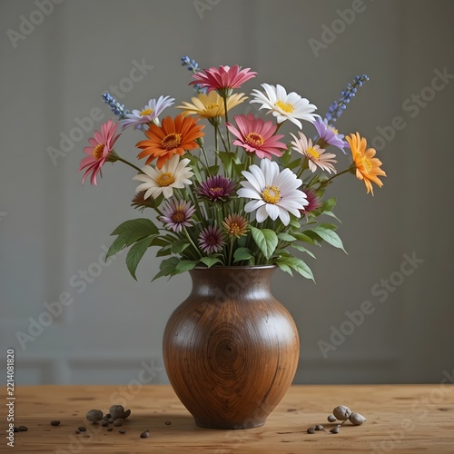 A colorful bouquet of faux gerbera daisies gerbera cheerful in a dark wooden vase.