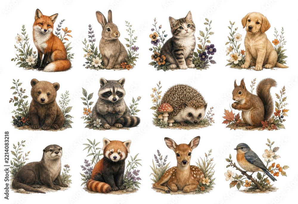 Fototapeta premium PNG clipart collection of woodland animals, gender-neutral, on a transparent background.