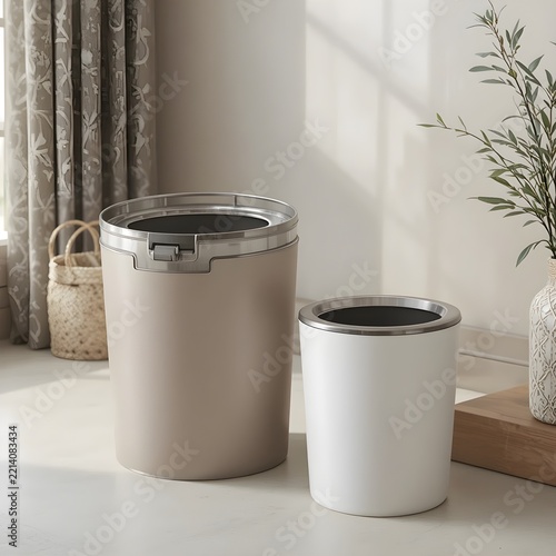 A cream-colored cylindrical trash can with a metallic-rimmed swin near curtain and wall