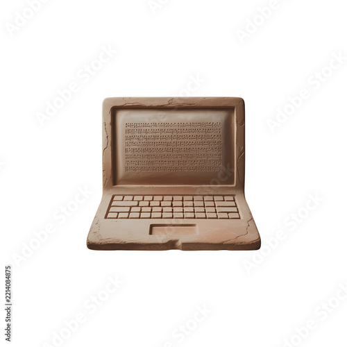 A small brown laptop computer shaped like a chocolate bar with a textured surface design isolated on transparent background
