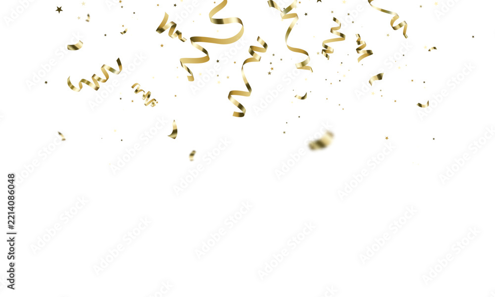 Fototapeta premium Festive gold confetti ribbons and stars falling on white isolated background