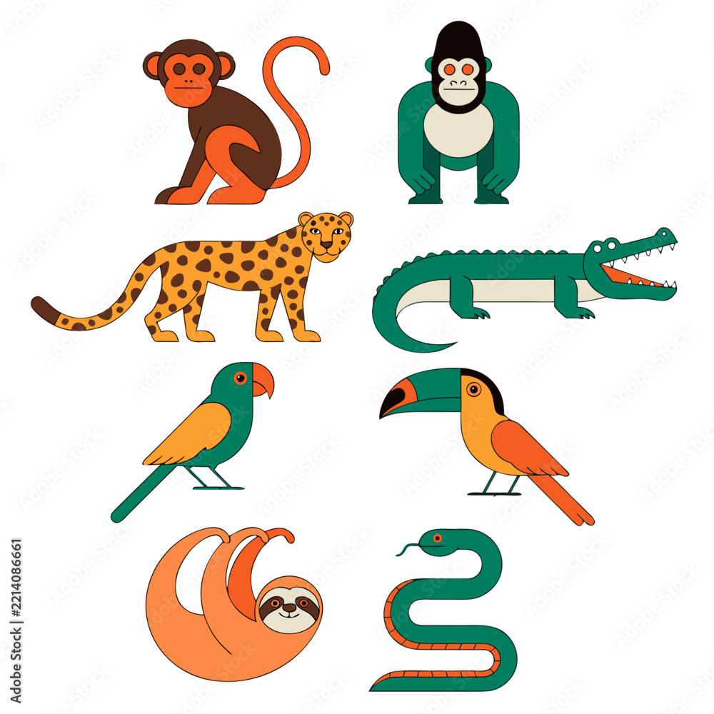 Fototapeta premium Jungle Animals Vector Illustration Set – Monkey, Gorilla, Leopard, Crocodile & Tropical Birds