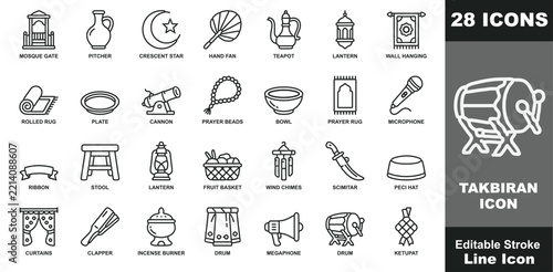 Twenty-eight black and white line icons representing cultural and religious symbols for the takbiran festival celebration and islamic rituals