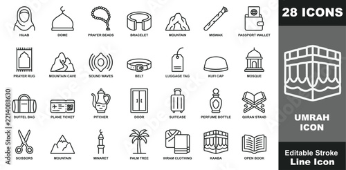 Twenty-eight black and white line icons representing essential clothing, and religious symbols for the umrah pilgrimage journey travel