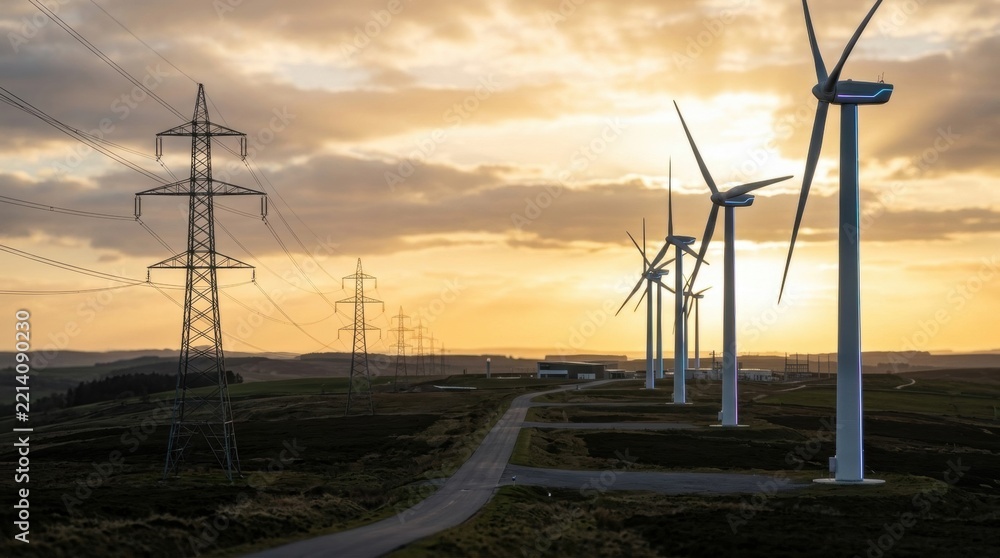 Obraz premium Industrial landscape at sunset with modern wind turbines and high-voltage power lines along a winding road through rolling hills, representing renewable energy and power grid.