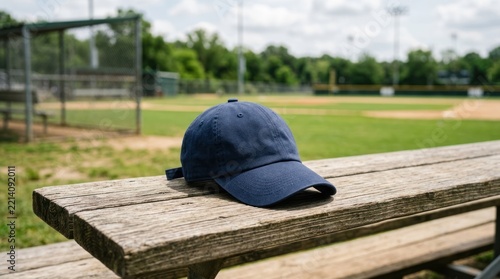 A blue baseball cap on a wooden bench with a baseball field in the background.