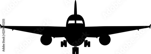 Black airplane silhouette front view private jet taking off vector icon isolated for travel and aviation design