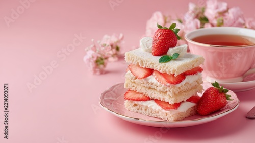 strawberry shortcake served with cup of tea, pastel pink background