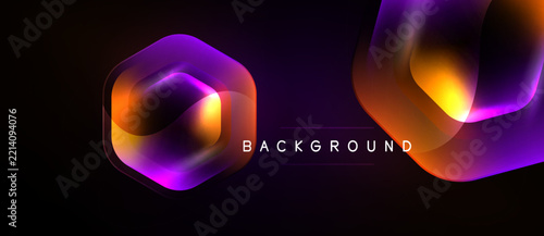 Abstract neon shapes overlap dark background. Vibrant purple, orange hues create dynamic visual effect. Modern design element.