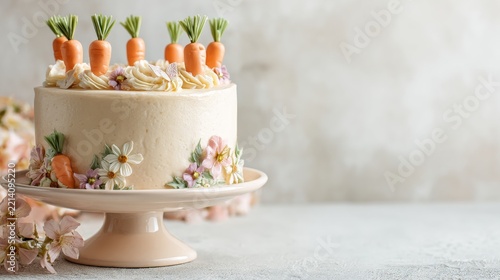 whole carrot cake decorated with small fondant carrots