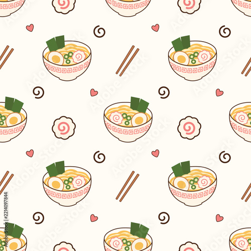 Cute Japanese Ramen Bowl Seamless Pattern with Chopsticks, Fish Cake and Decorative Food Elements