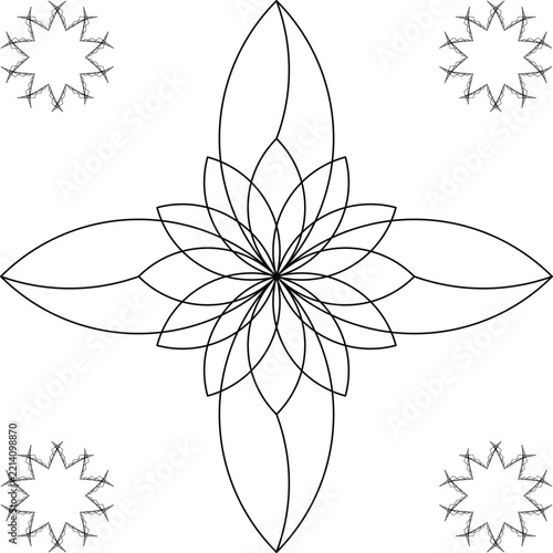 Fotografie Long overlapping petals radiate from a central flower, accompanied by four small starburst accents