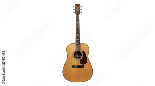Acoustic wooden guitar, classic six string acoustic musical instrument, natural timber folk guitar for music performance isolated PNG with Transparent Background