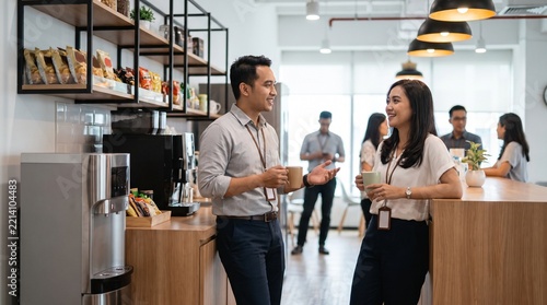 Colleagues having a casual conversation and drinking coffee during their morning break inside a modern office pantry.