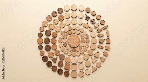 Wooden tokens and icons arranged in mandala pattern showing shopping and lifestyle objects layout.