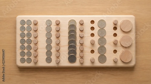 Wooden sensory board with pegs and coin slots for teaching fine motor skills and sorting concepts.