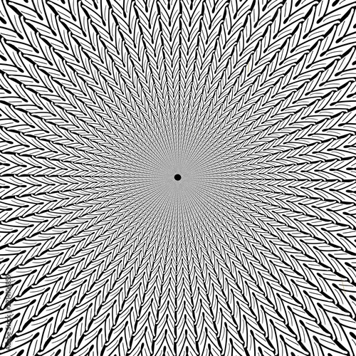 Abstract geometric spiral vortex background with minimalist black and white ornate radial pattern. 